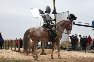 A person on horseback in the sand with other people.